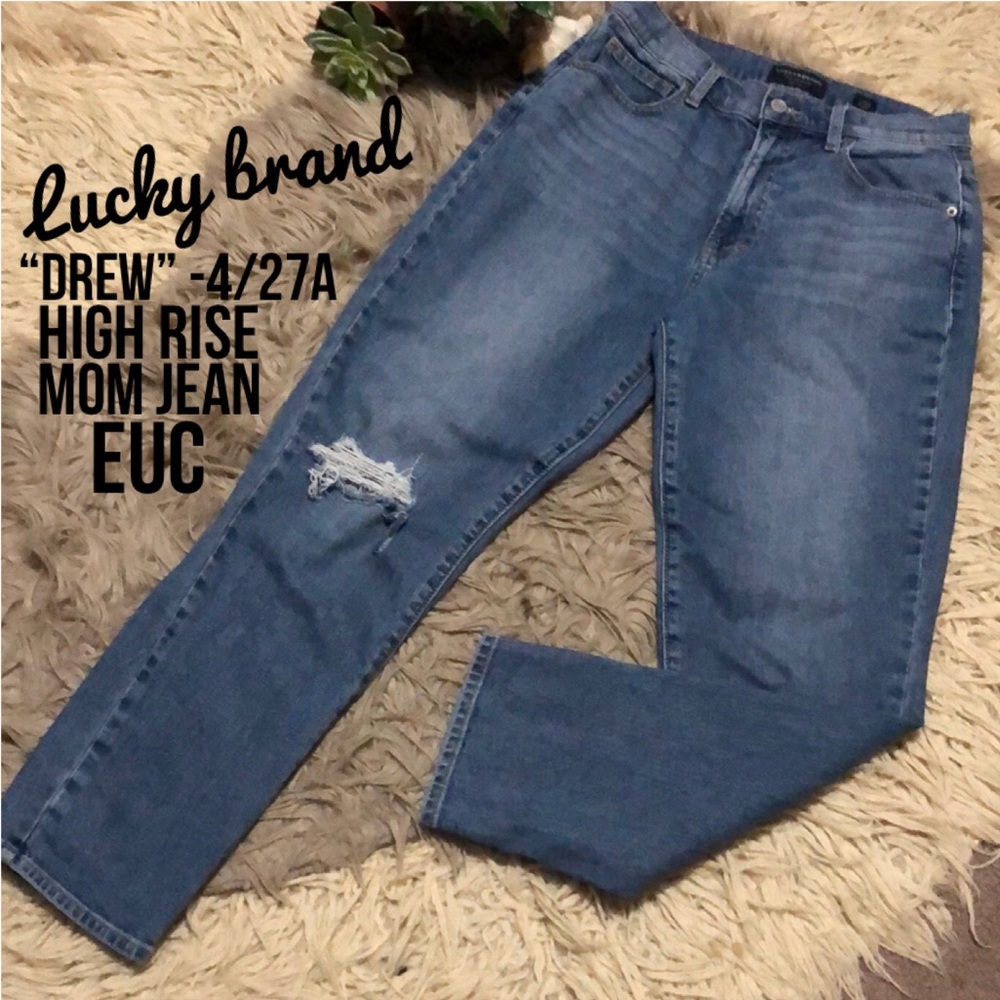 Lucky brand “Drew” High Rise Mom Jean-4/27A-99 Cotton-Distressed @ Knee-EUC